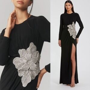 Mac Duggal NEW Black Jersey‎ Long Sleeve Gown With Embellished Flower $698 Sz 10